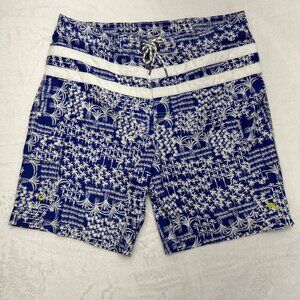 Tommy Bahama Swim Trunks Men's XL Blue and White Palm Tree Print Multiple Pocket